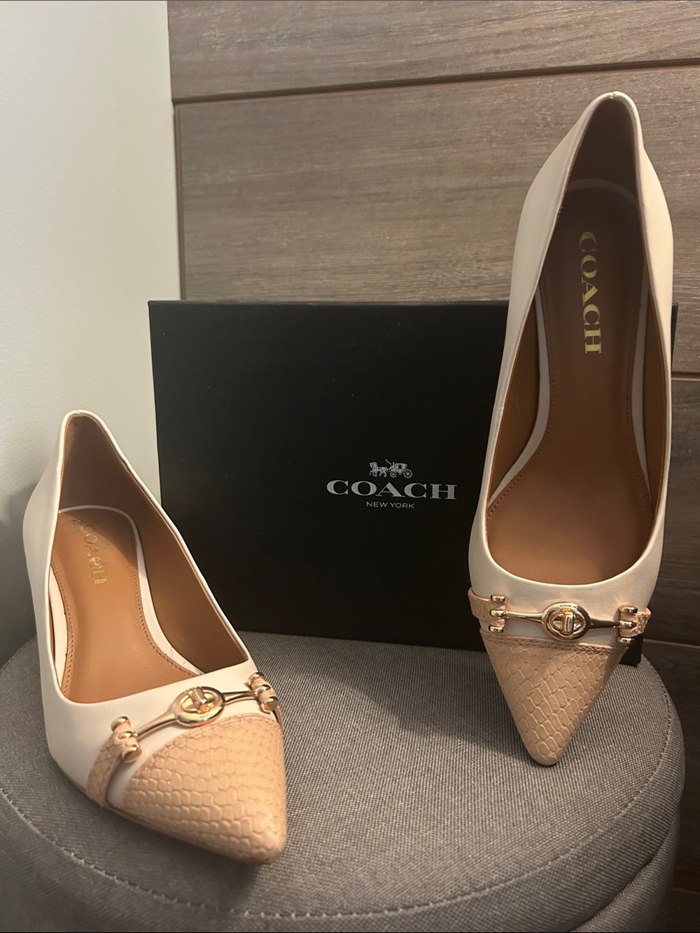 Coach Two-Tone Cream & Nude Pointed Toe Pumps with Gold Hardware